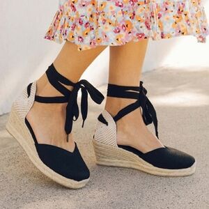 Soludos Black Lyon Wedge Lace Up Espadrille Boho Heeled Sandals Size 7.5